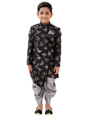  Black And Grey Silk Blend Indowestern Sherwani And Dhoti Set 1
