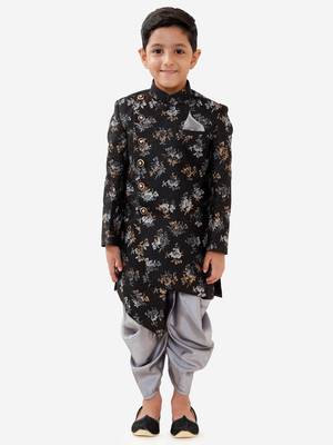  Black And Grey Silk Blend Indowestern Sherwani And Dhoti Set 2