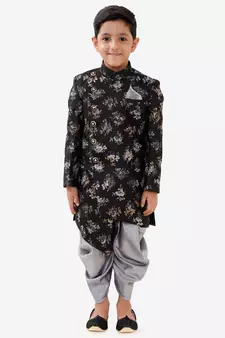  Black And Grey Silk Blend Indowestern Sherwani And Dhoti Set