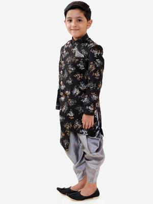  Black And Grey Silk Blend Indowestern Sherwani And Dhoti Set 3