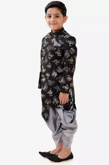  Black And Grey Silk Blend Indowestern Sherwani And Dhoti Set