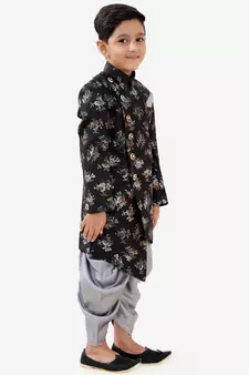  Black And Grey Silk Blend Indowestern Sherwani And Dhoti Set
