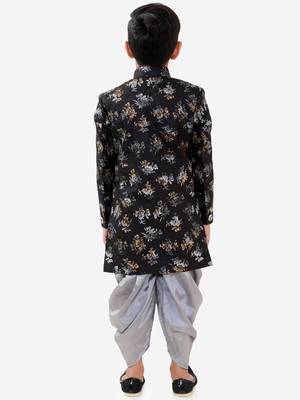  Black And Grey Silk Blend Indowestern Sherwani And Dhoti Set 5