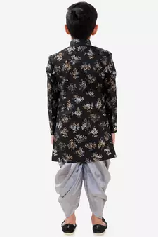  Black And Grey Silk Blend Indowestern Sherwani And Dhoti Set