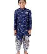  Navy Blue Silk Blend Kids' Sherwani Dhoti Set
