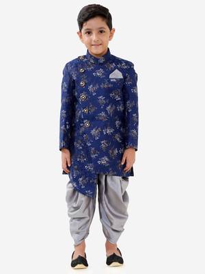  Navy Blue Silk Blend Kids' Sherwani Dhoti Set 2