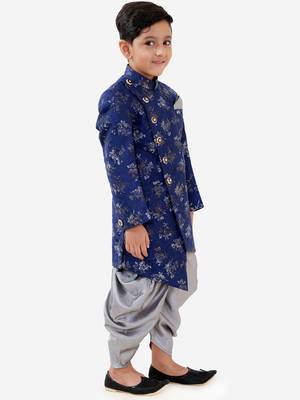  Navy Blue Silk Blend Kids' Sherwani Dhoti Set 3
