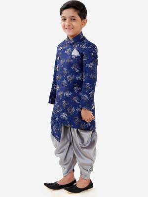  Navy Blue Silk Blend Kids' Sherwani Dhoti Set 4