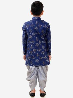  Navy Blue Silk Blend Kids' Sherwani Dhoti Set 5
