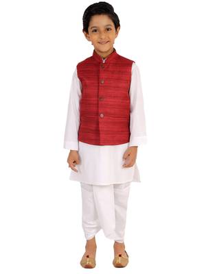  Maroon And White Jacket, Kurta And Dhoti Set 1
