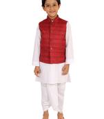  Maroon And White Jacket, Kurta And Dhoti Set
