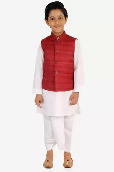  Maroon And White Jacket, Kurta And Dhoti Set