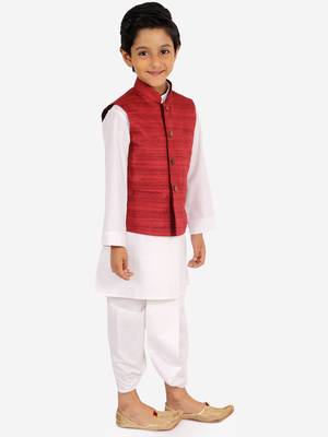  Maroon And White Jacket, Kurta And Dhoti Set 3