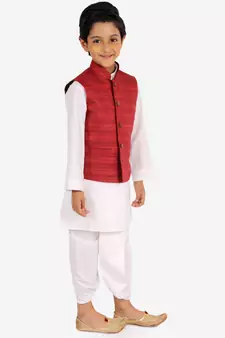  Maroon And White Jacket, Kurta And Dhoti Set