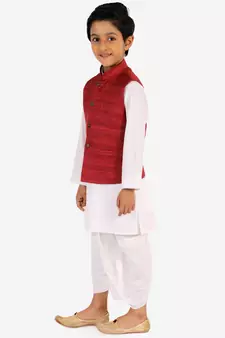  Maroon And White Jacket, Kurta And Dhoti Set