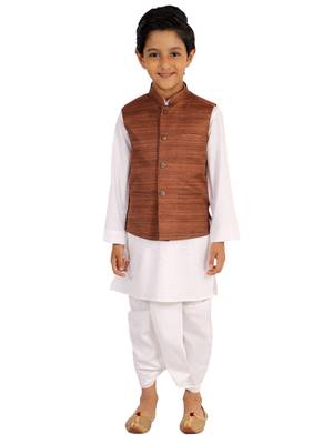  Coffee Brown And White Jacket, Kurta And Dhoti Set 1
