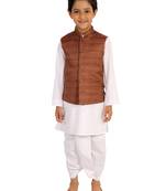  Coffee Brown And White Jacket, Kurta And Dhoti Set