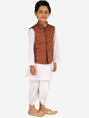  Coffee Brown And White Jacket, Kurta And Dhoti Set 3