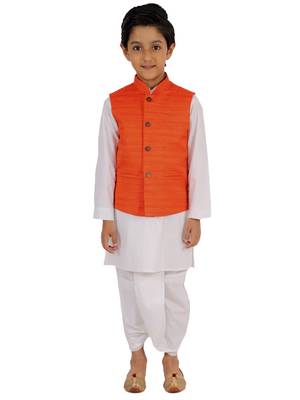  Orange And White Jacket, Kurta And Dhoti Set 1
