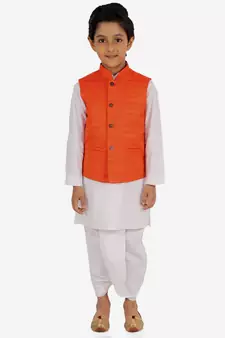  Orange And White Jacket, Kurta And Dhoti Set