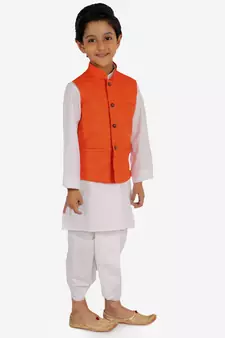  Orange And White Jacket, Kurta And Dhoti Set