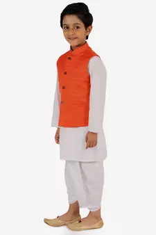 Orange And White Jacket, Kurta And Dhoti Set