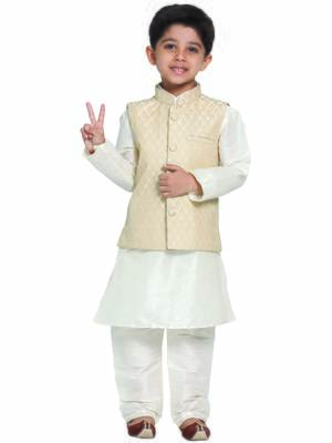  Cream Silk Blend Jacket, Kurta And Pyjama Set 1