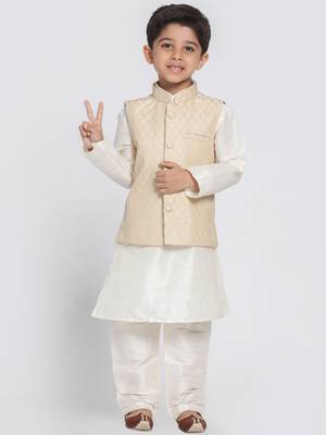  Cream Silk Blend Jacket, Kurta And Pyjama Set 2