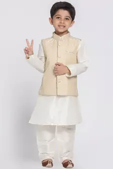  Cream Silk Blend Jacket, Kurta And Pyjama Set