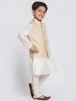  Cream Silk Blend Jacket, Kurta And Pyjama Set 3
