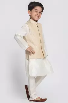  Cream Silk Blend Jacket, Kurta And Pyjama Set