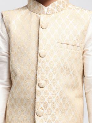  Cream Silk Blend Jacket, Kurta And Pyjama Set 4