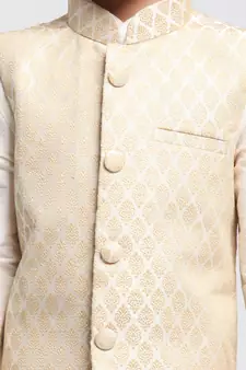  Cream Silk Blend Jacket, Kurta And Pyjama Set