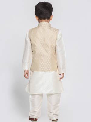  Cream Silk Blend Jacket, Kurta And Pyjama Set 5