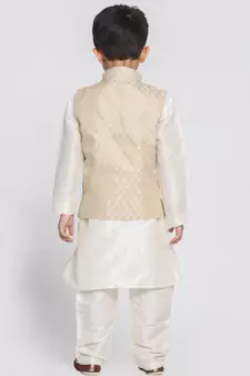 Cream Silk Blend Jacket, Kurta And Pyjama Set
