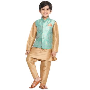  Green Silk Blend Jacket, Kurta And Pyjama Set 1