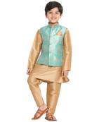  Green Silk Blend Jacket, Kurta And Pyjama Set