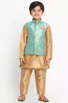  Green Silk Blend Jacket, Kurta And Pyjama Set