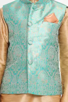  Green Silk Blend Jacket, Kurta And Pyjama Set