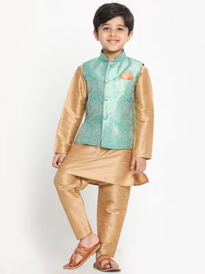  Green Silk Blend Jacket, Kurta And Pyjama Set 4