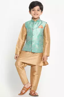  Green Silk Blend Jacket, Kurta And Pyjama Set