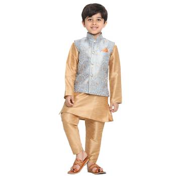  Grey Silk Blend Jacket, Kurta And Pyjama Set 1