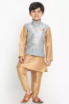  Grey Silk Blend Jacket, Kurta And Pyjama Set