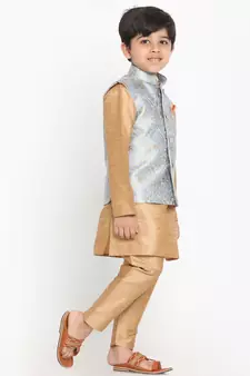  Grey Silk Blend Jacket, Kurta And Pyjama Set