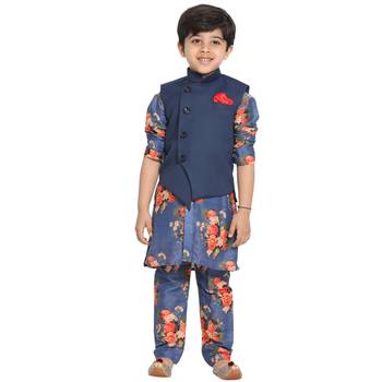 Blue printed blended cotton boys-kurta-pyjama 1