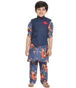 Blue printed blended cotton boys-kurta-pyjama