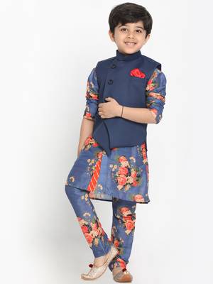 Blue printed blended cotton boys-kurta-pyjama 2
