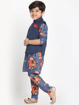 Blue printed blended cotton boys-kurta-pyjama 3