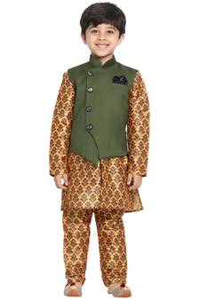 Yellow printed silk blend boys-kurta-pyjama