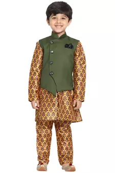 Yellow printed silk blend boys-kurta-pyjama